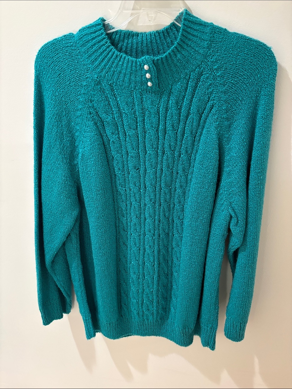 Karen Scott Teal Cable-Knit Sweater with Pearl Accent